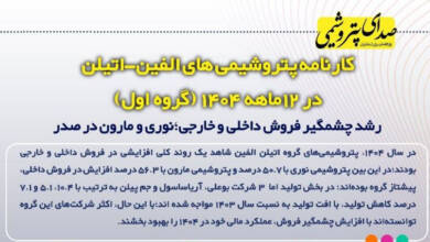 به گزارش اقتصادمحور به نقل از صدای پتروشیمی،مجموعه شرکت‌های فعال در گروه اتیلن ـ الفین در سال ۱۴۰۴، با وجود تفاوت‌های جزئی در روند تولید، به طور کلی افزایش قابل توجهی در میزان فروش داخلی و صادراتی تجربه کرده‌اند. بررسی جداگانه هر شرکت نشان‌دهنده تغییرات در تولید و فروش نسبت به سال ۱۴۰۳ است.